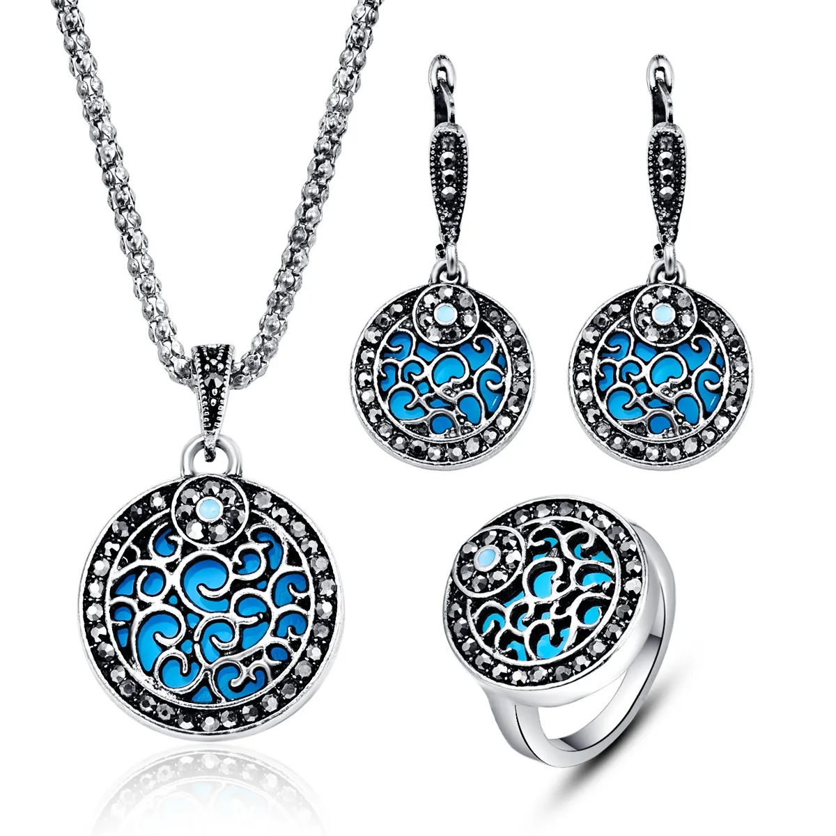 Модный винтажный набор украшений для женщин серебряный цвет Дубай Синий Круглый