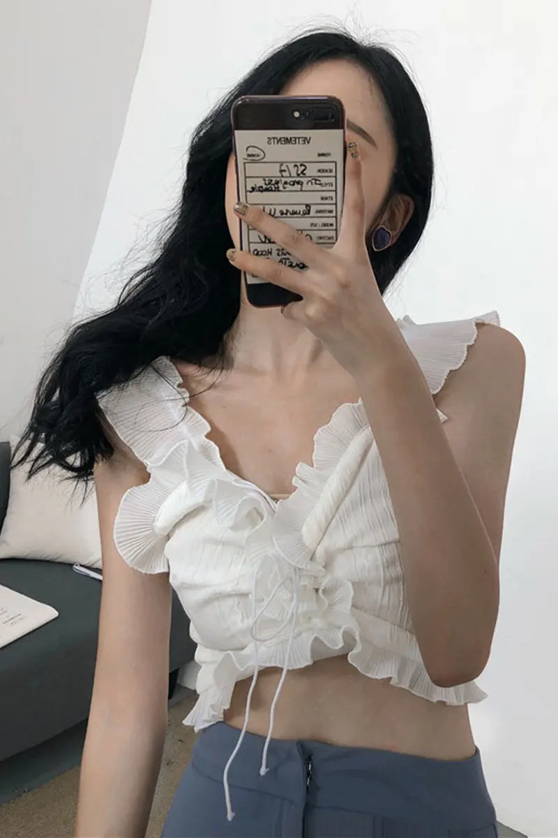 Chic Sling Crinkle Chiffon Tank Tops Lace Drawstring Camis Sexy Thin High Waist Pleated Vest Short Sleeveless shirts 2018 | Женская