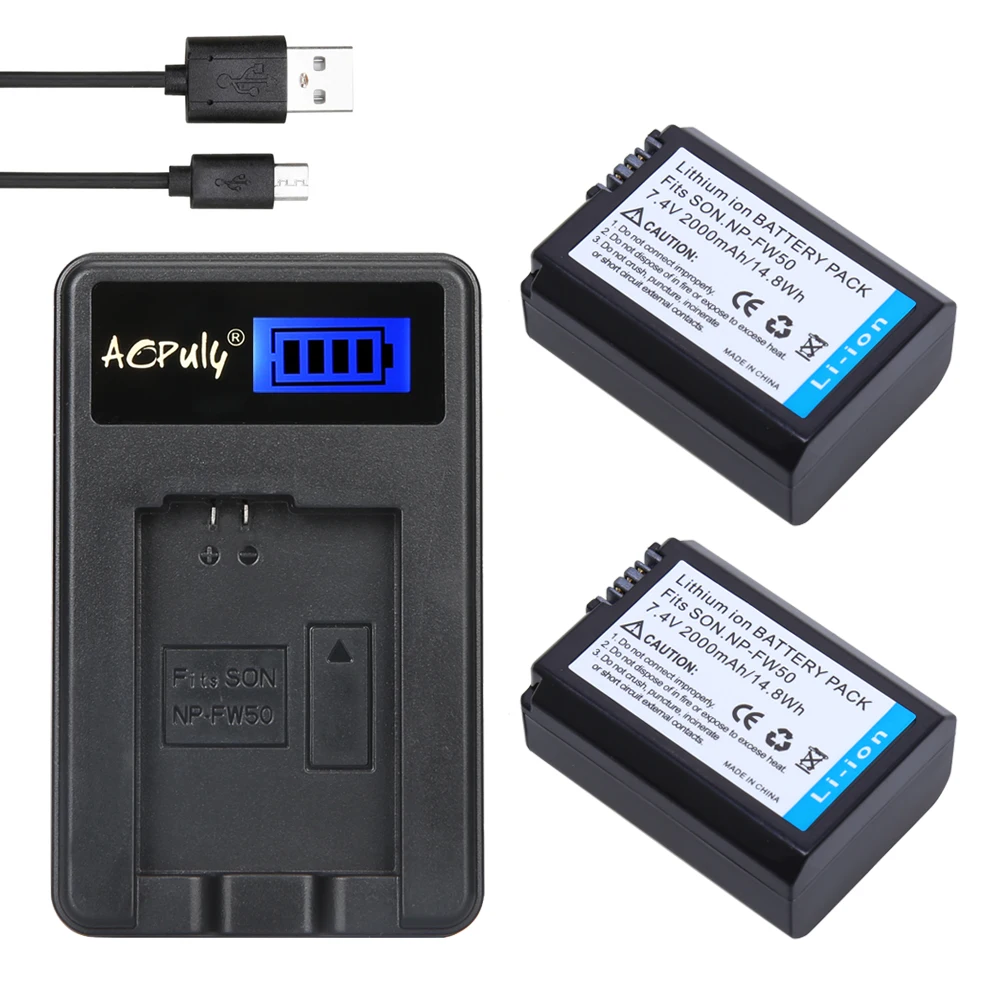 

AOPULY 2Pcs 2000mAh NP-FW50 NPFW50 NP FW50 Battery + LCD USB Charger for Sony NEX-5 NEX-7 SLT-A55 A33 A55 A37 A3000 A5000 A6000