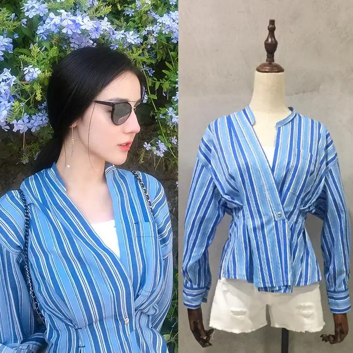 Рубашка в полоску Для женщин 2018 осень новое поступление v-образным вырезом