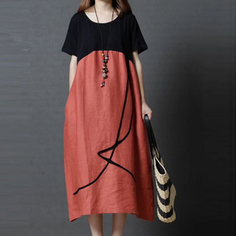 

New Spring Summer Dress Fashion Patchwork Short Sleeve O-Neck Long Dress Female Cotton Linen Loose A-Line Vestidos RE0580