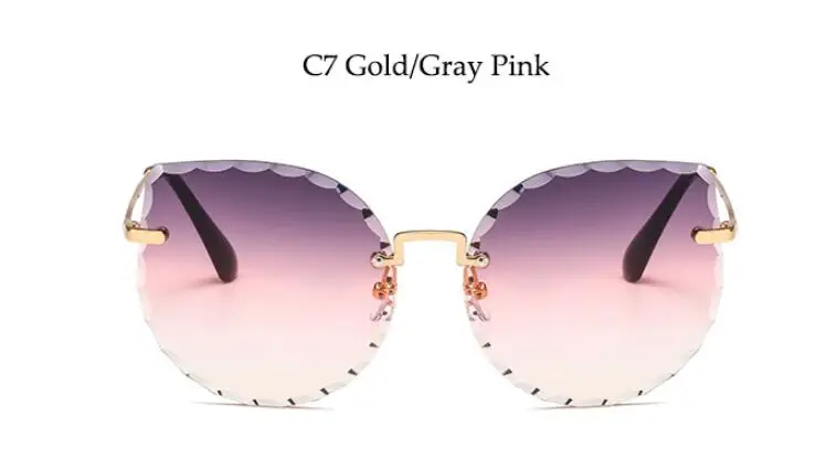 C7 gold gray purple Большие солнцезащитные очки "кошачий глаз" без оправы с зелеными кристаллами, тонированные линзы, модный бренд 90 s, большие прозрачные красные, коричневые, синие солнцезащитные очки для мужчин - Цвет линз: C7 gold gray purple
