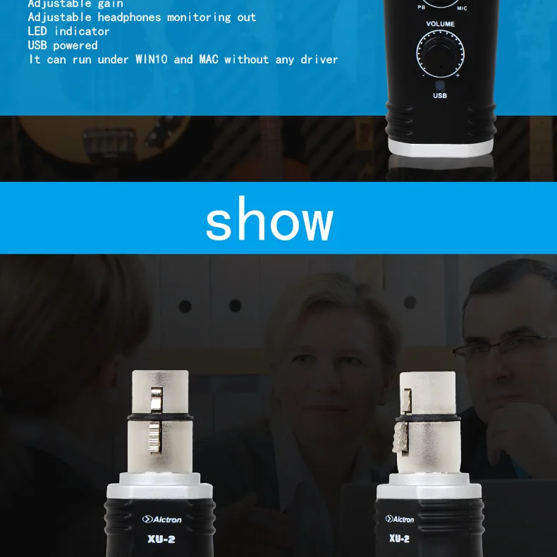 Alctron xu-2 usb конвертер XLR в USB микрофон Предварительный усилитель, компьютерный аудио интерфейс, цифровой аудио конвертер с блоком питания