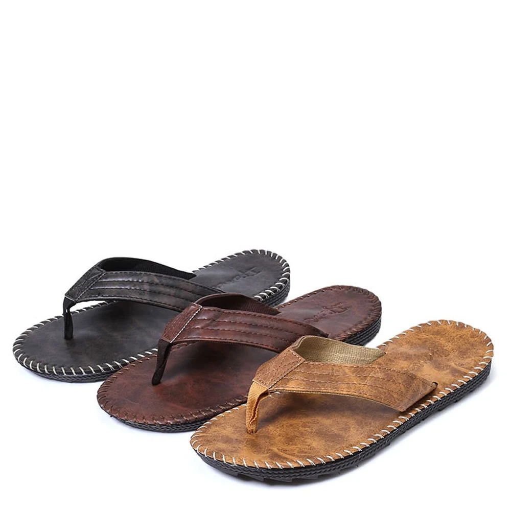 QFFAZ Arrival Summer Cool Men PU Leather Flip Flops British Style Boardered Beach Sandals Male Slippers Zapatos Hombre |