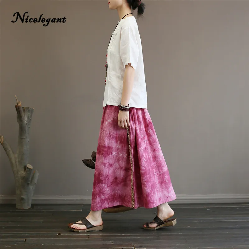 Nicelegant Vintage Art Tie Dye Long Skirt Women Cotton Summer Chinese Style Loose Tibetan Embroidery Female Split | Женская одежда