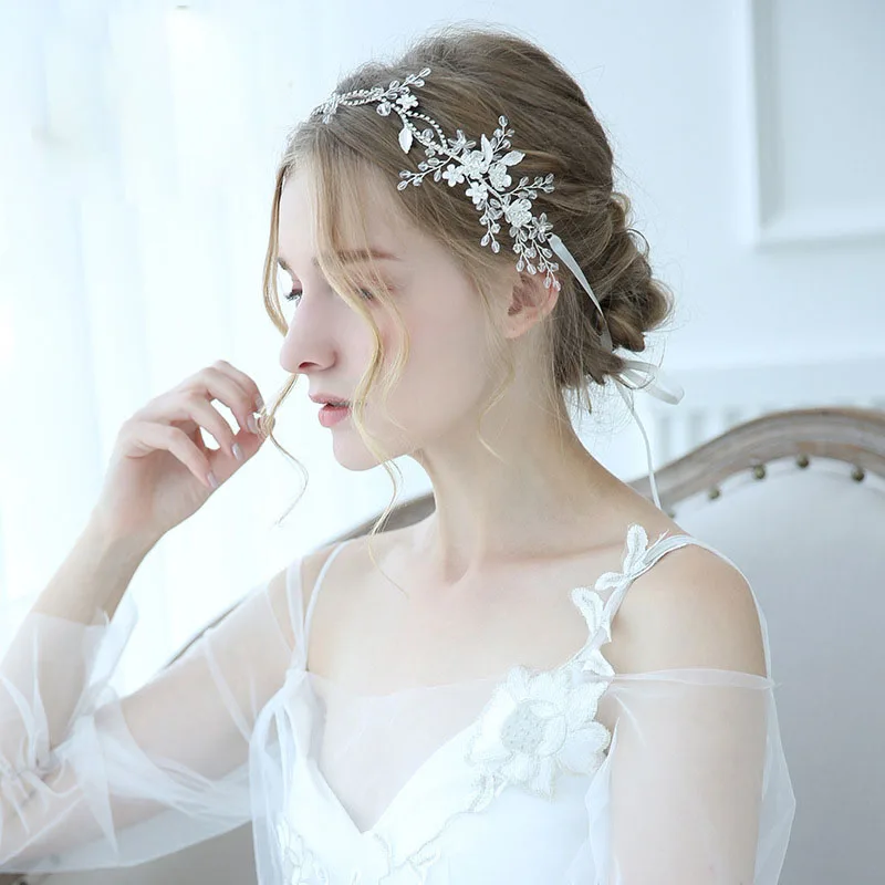 SLBRIDAL ручной работы Серебряный Цвет Кристалл Стразы цветочный лист Свадебные