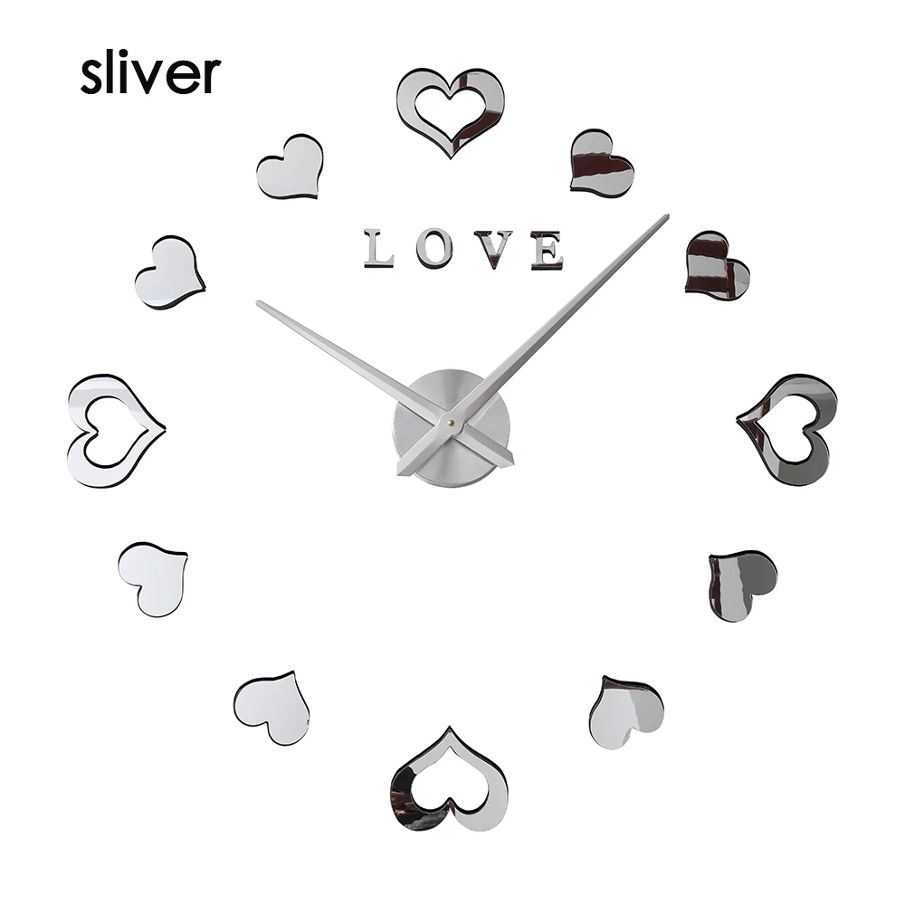 wall clock sliver Стена с сердечками часы светящиеся кварцевые современный дизайн модные часы люминова 3d настоящий большой бросился зеркало стикер DIY - Цвет: wall clock sliver
