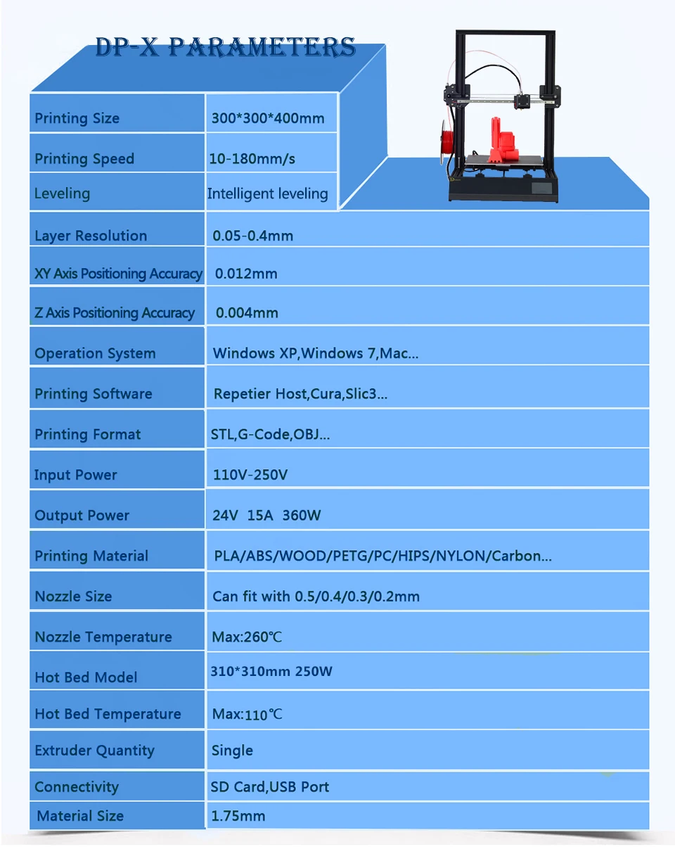 DMSCREATE DPX 3d принтер, литье размер 300*300*400 мм, 3,5 сенсорный экран стабильная материнская плата, линейная направляющая, модульная установка