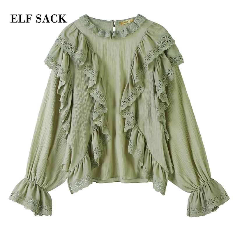 ELFSACK Autumn New Fashion Woman Shirts Cotton Solid Casual Women Shirt O Neck Ruffles Streetwear Ins Girl Female Cloth|Рубашки| |