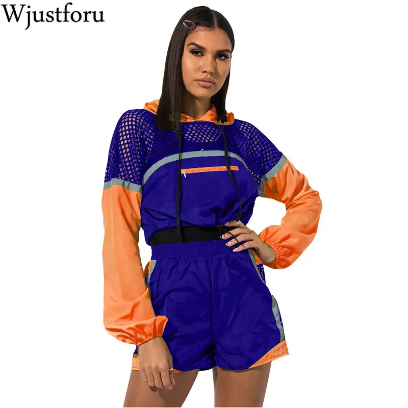 Wjustforu модные сетчатые Лоскутные Спортивные костюмы женский укороченный Топ с