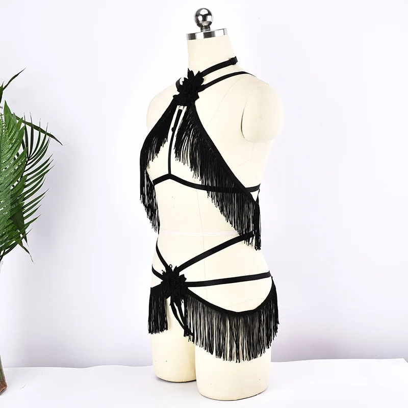 Женский черный бюстгальтер с кисточками и бретельками в стиле Харадзюку Трусы