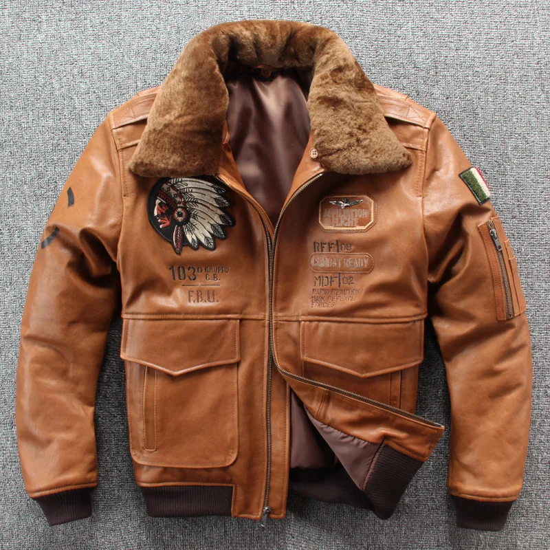 

2019 New Men Embroidery Indian Skull Air force flight A1 Pilot Sheepskin Jacket Casual Wool collar Real leather jacket S-XXXL