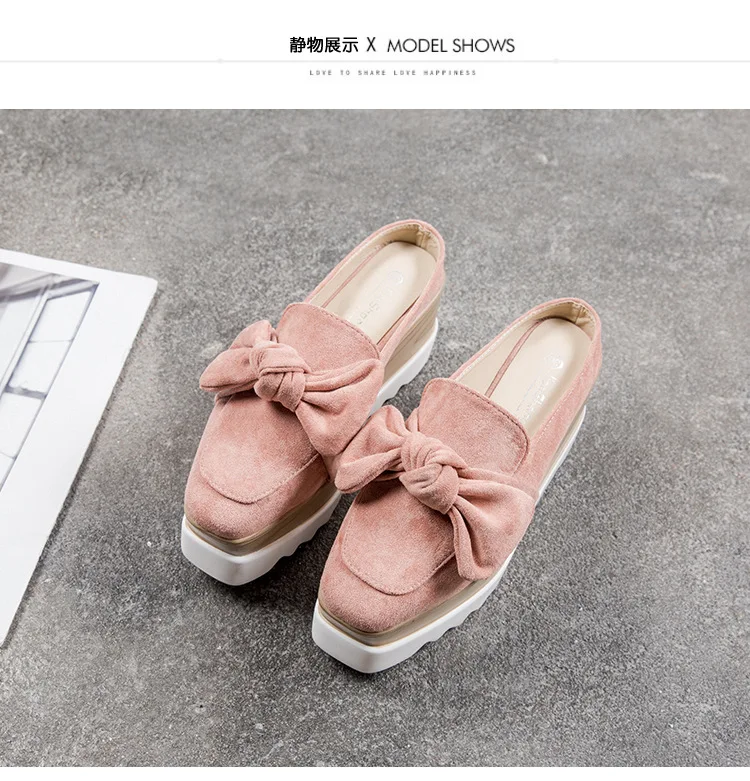 Корейский Slingback мюли для женщин завязанный бант клинья туфли без каблуков шлёпанцы для женщин квадратный носок мокасины на танкетке Платформа bullock обувь pantufla2019