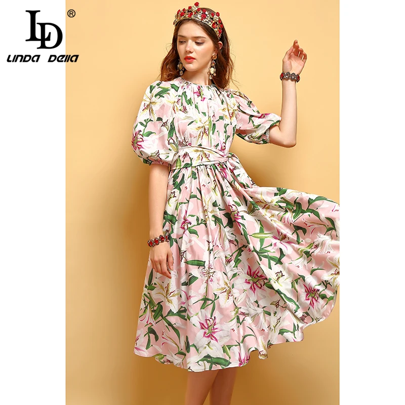 Женские повседневные платья миди LD LINDA DELLA платье с рукавом фонариком цветочным
