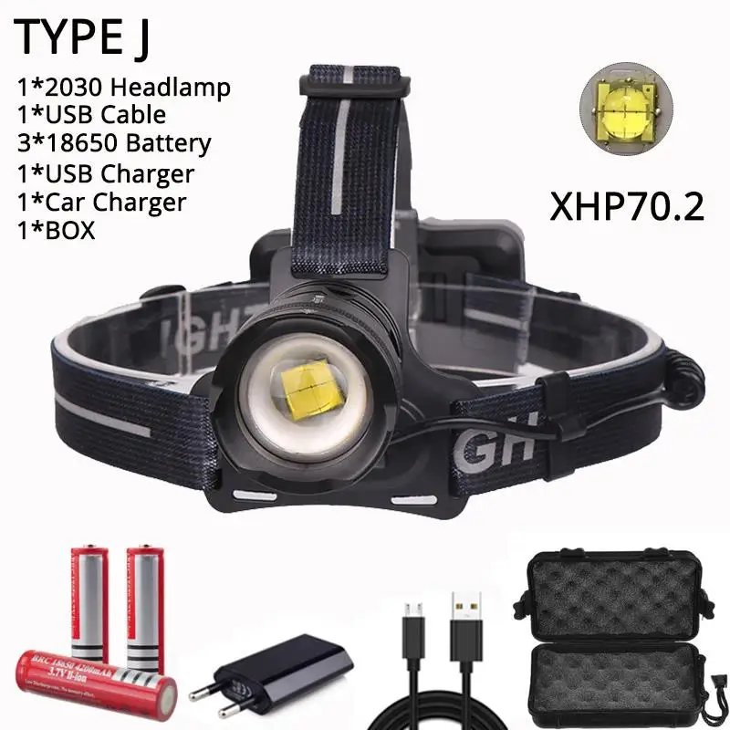 Package J USB Перезаряжаемый 50000LM мощный налобный фонарь XHP70.2 светодиодный налобный фонарь Водонепроницаемый налобный фонарь мощный налобный фонарь 3*18650 батареек - Испускаемый цвет: Package J