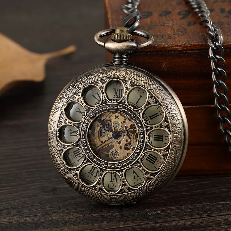 

Antique Bronze Hollow Mechanical Pocket Watch Men Roman Numerals Hand Wind Watch Women Skeleton Pendent Steampunk with Gift Box