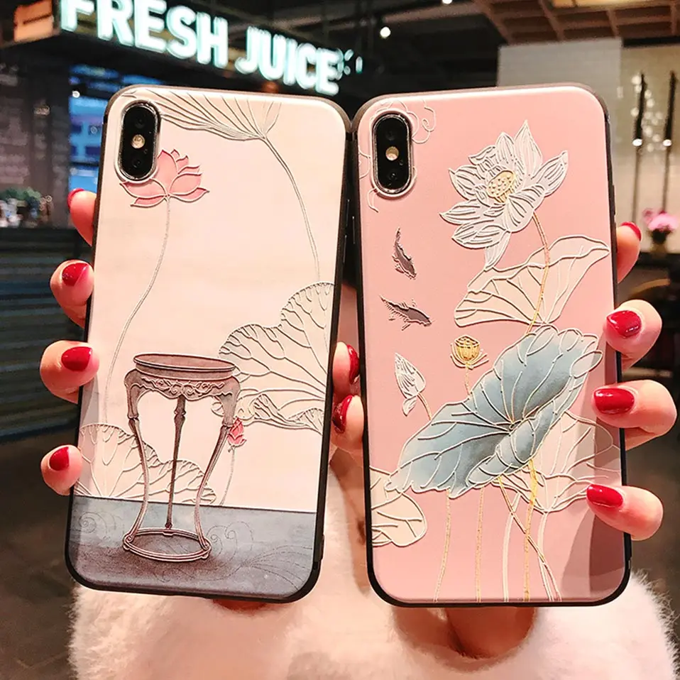 Чехол Emboss в китайском стиле для телефона чехол iPhone 6 S 7 8 Plus Capa XS XR XSMax Lotus Back X |
