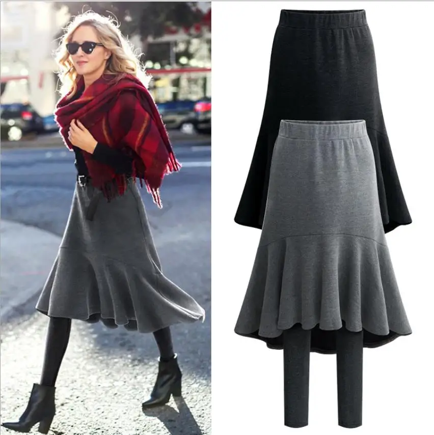 

6XL New Fashion Women Autumn&Winter Warm Leggings Thick Velvet Fake two pieces legging trumpet skirt pants