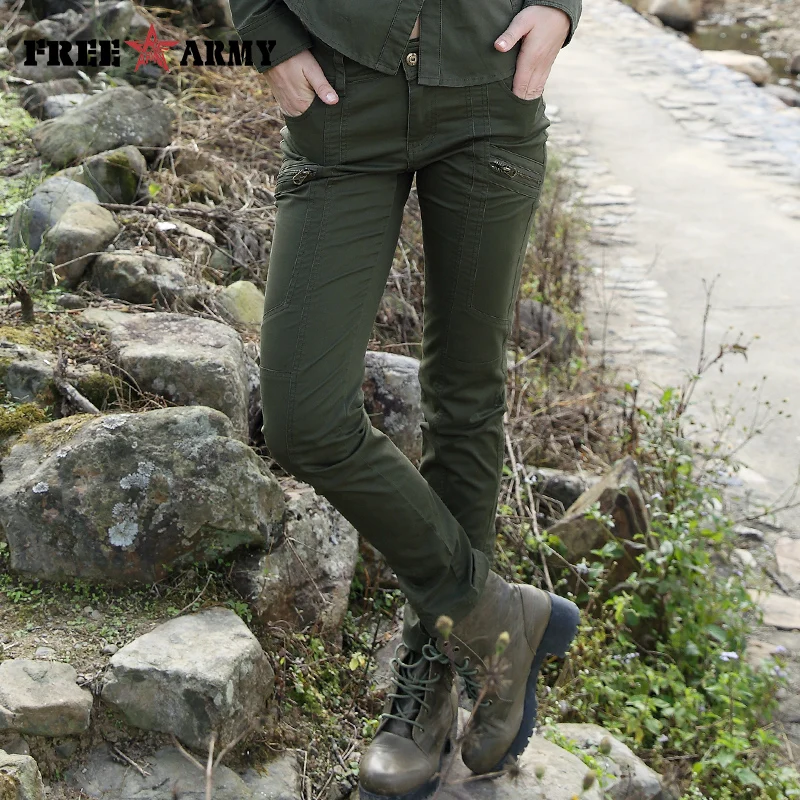Бесплатная армейский Стиль женские длинные брюки зеленый повседневные узкие для