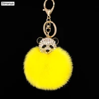 rhinestones bear head key chain faux fur pom pom keychain alloy pendants car key ring women lovely bag charms accessories k1667