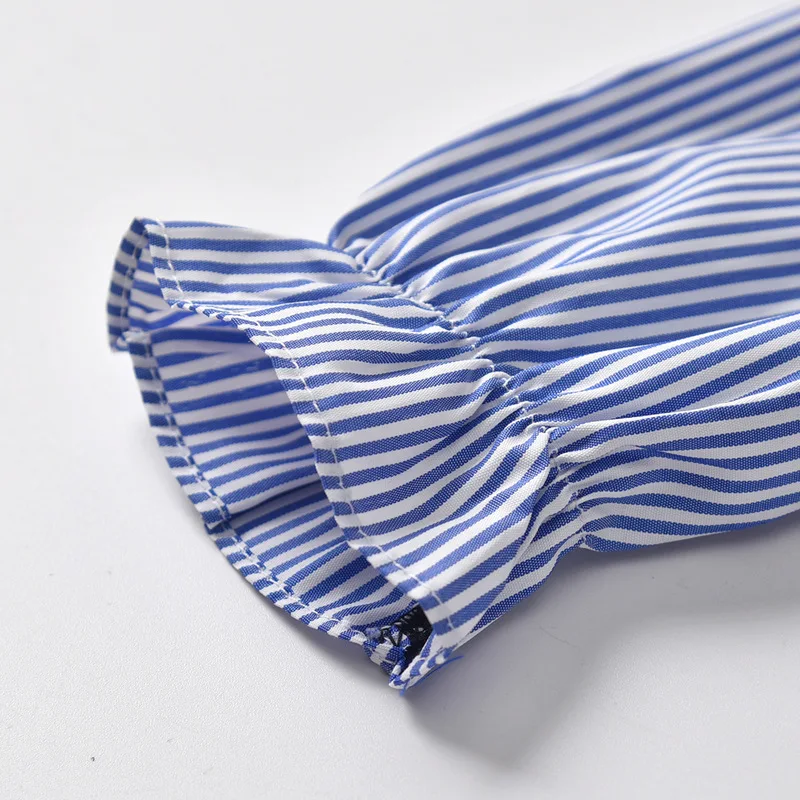 Girls Pleated Dresses Navy Striped Patchwork School Wear Ruffle Bowknot Princess Puff Sleeve For | Детская одежда и обувь