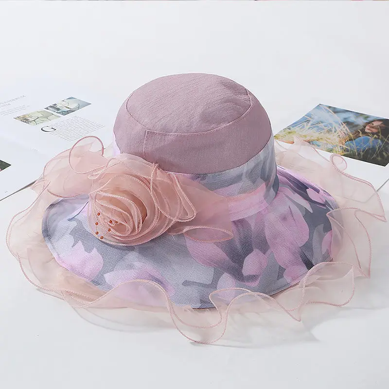 Light purple Цветочная женская летняя сетчатая шляпа двухслойная Марля Женская пляжная шапочка для бассейна с широкими волнистыми полями с защитой от ультрафиолетовых лучей в полоску для девочек - Цвет: Light purple