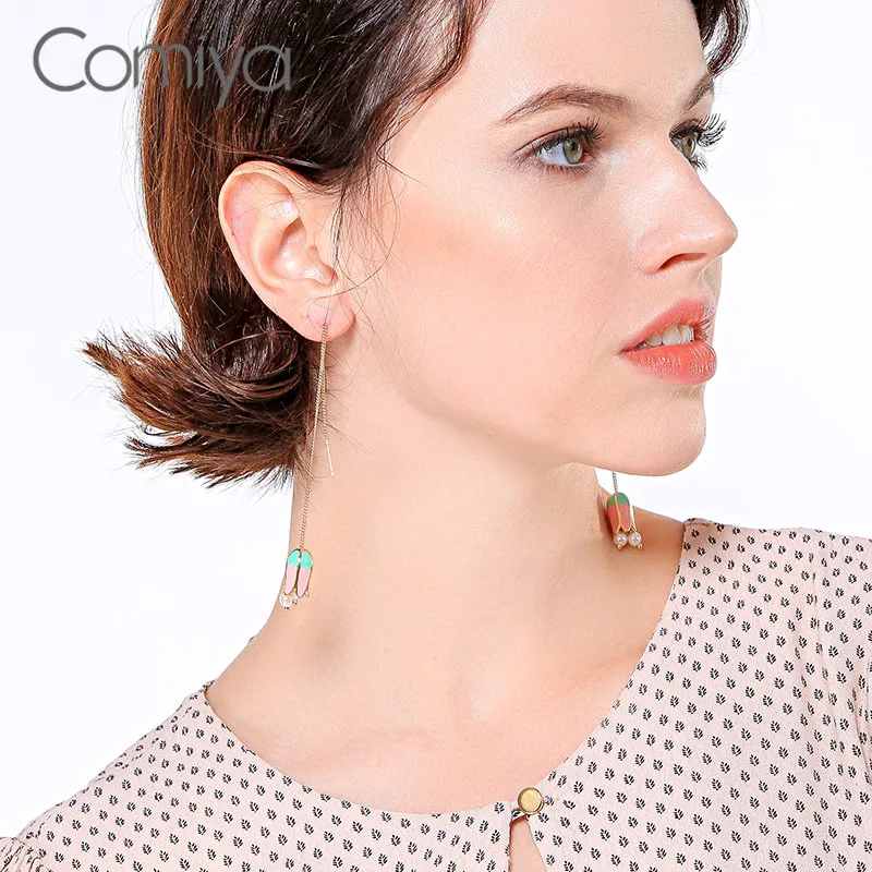 Comiya Long Earrings For Women Enamel Links Acrylic Pearl Gold Color Fashion Flower Pendant Dangle Earring Aretes De Mujer | Украшения и