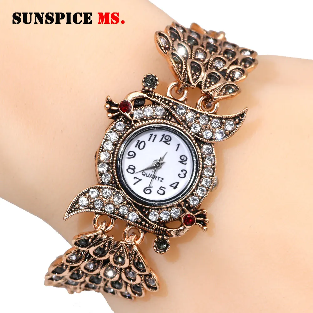 MTwt02red SUNSPICE MS этнические индийские Шарм в форме павлина браслет наручные часы для женщин античное золото цвет женские вечерние ювелирные изделия на манжетах - Metal Color: MTwt02red