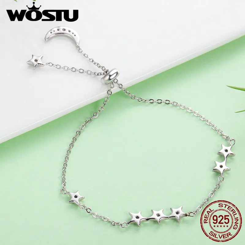 WOSTU, новинка, настоящая 925 пробы, серебряный, луна и звезды, регулируемая цепочка, браслет для женщин, хорошее ювелирное изделие, подарок на год, CQB007