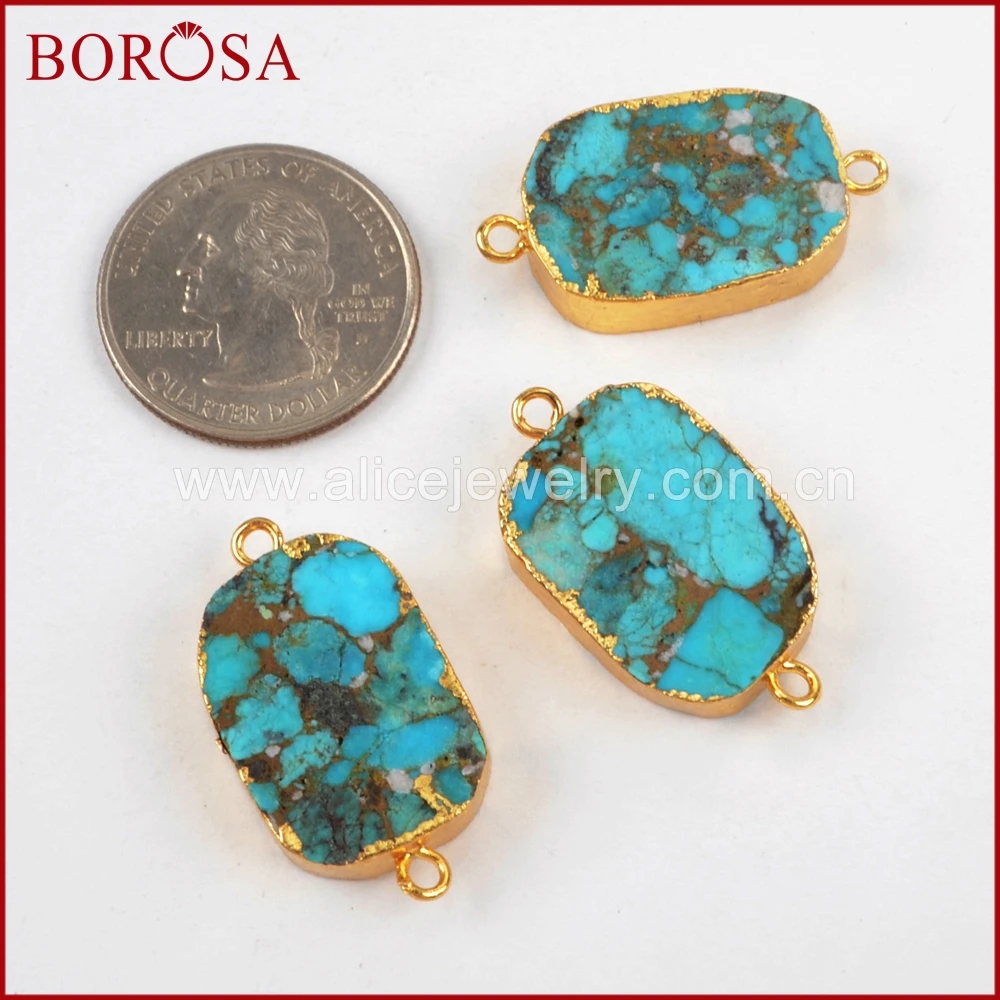 

BOROSA Wholesale 10PCS Gold Color Copper Natural Turquoises Connector, Natural Blue Stone Copper Stone for Jewelry DIY G1470