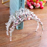 bridal wedding hair accessories pink crystal rhinestone beads handmade crowns tiara bride noiva headband diadem hair jewelry
