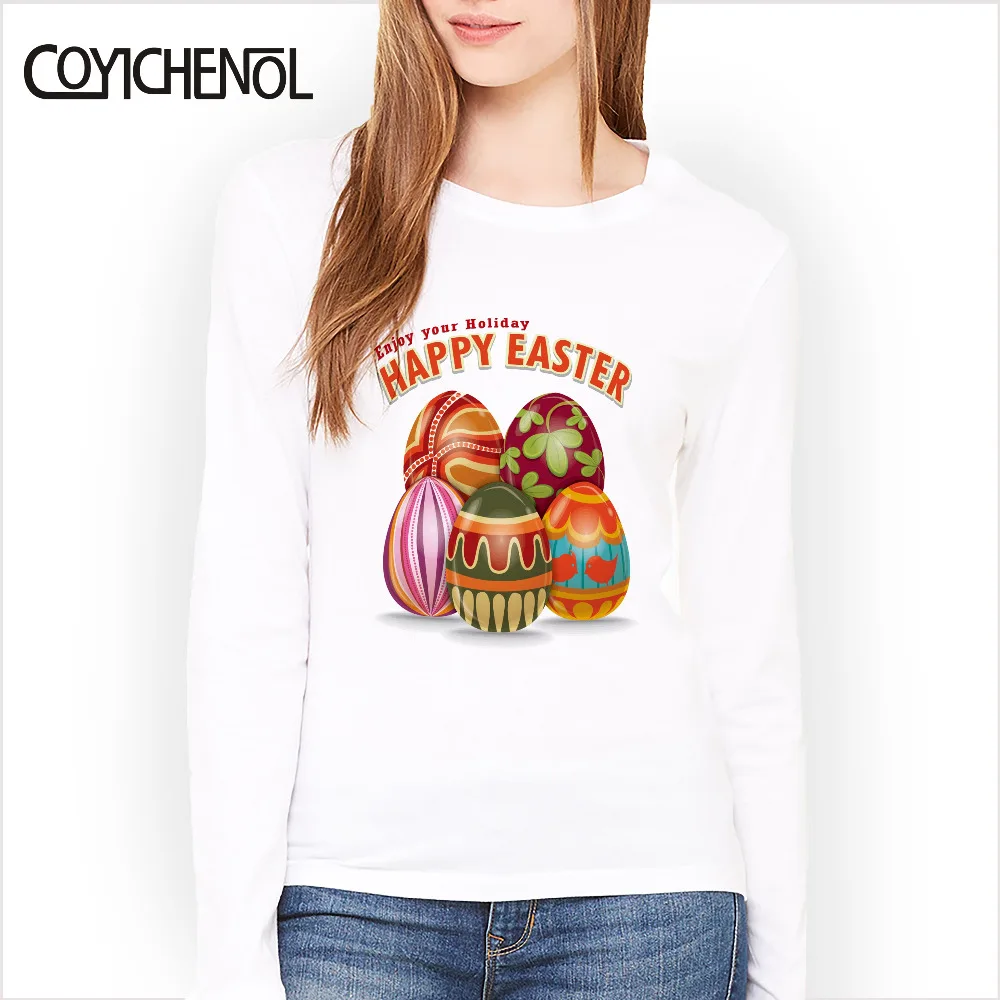 

Spring and autumn Easter Bunny Printed tshirt women Modal slim Easter Eggs printed tops Long sleeve Easter theme T-shirt