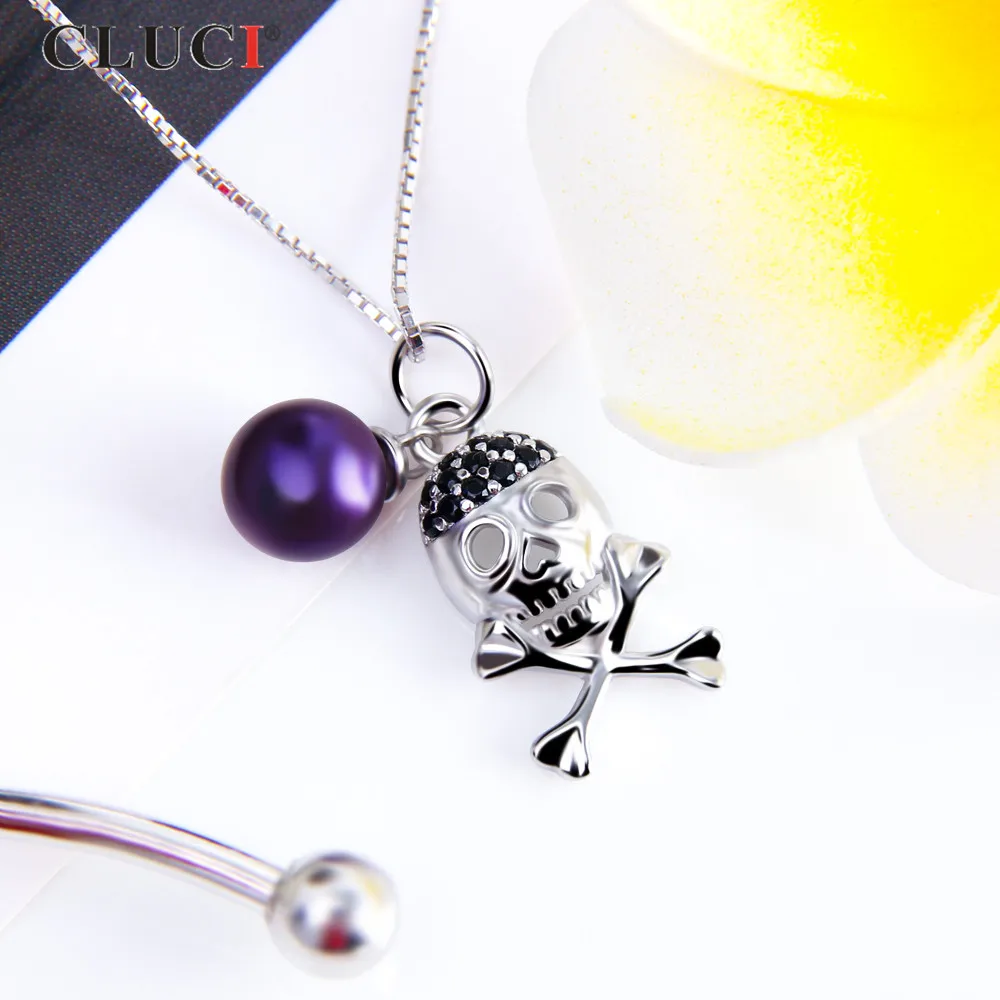 

CLUCI New Design Halloween 925 steling silver Skeleton 7mm Pearl Pendant & Necklace for Women Fine Jewelry Accessories SP345SB