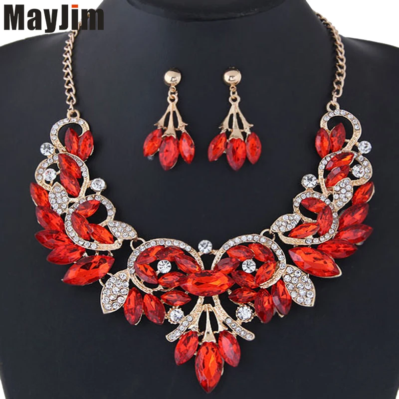 MayJim Fashion long chain Jewelry Sets Geometric Crystal Flower Necklace Earring Women Big brand Wedding Vintage | Украшения и