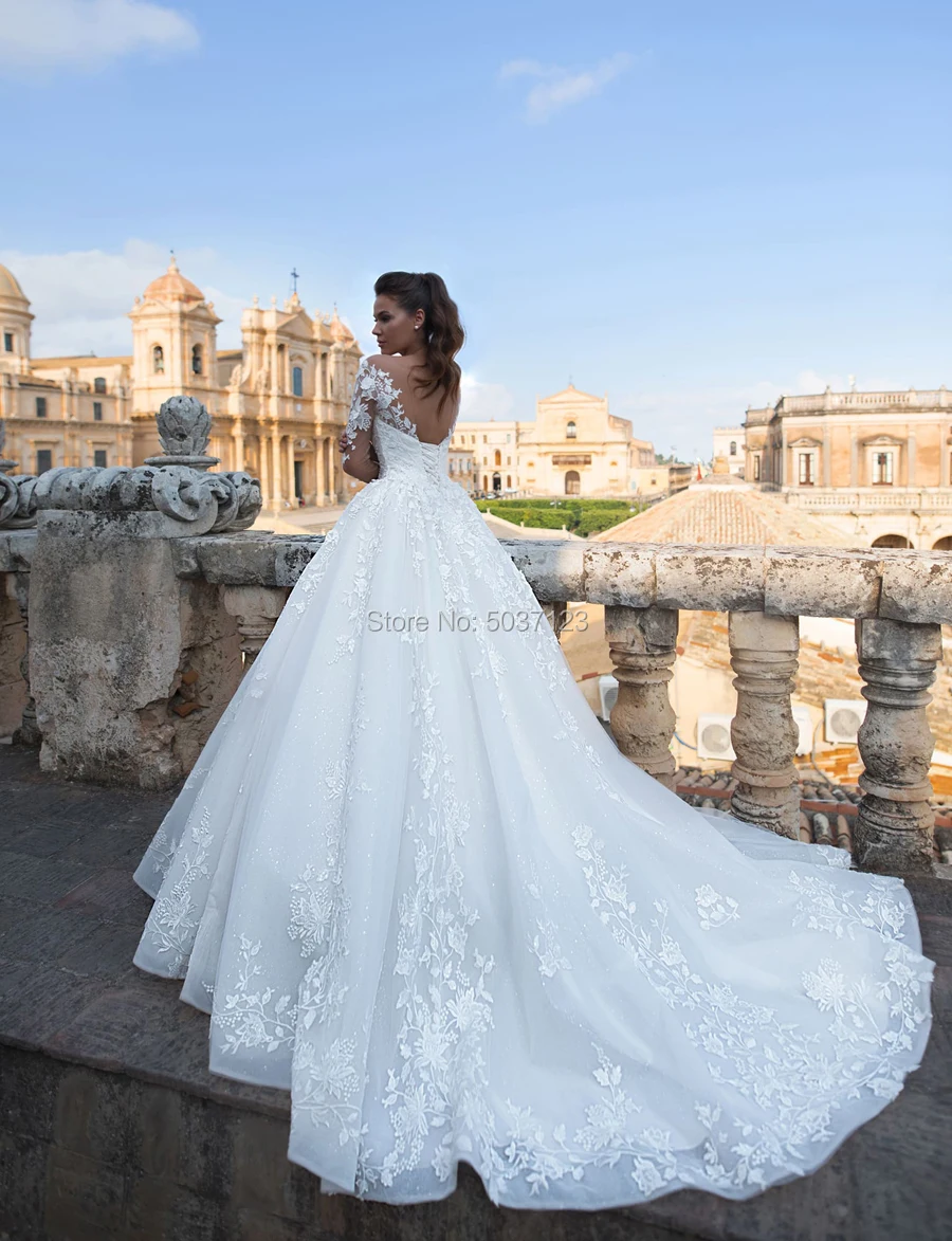 Трапециевидные свадебные платья, аппликации из кружева совок Vestido De Noiva с длинным рукавом линии на шнуровке, для невесты свадебное платье со шлейфом