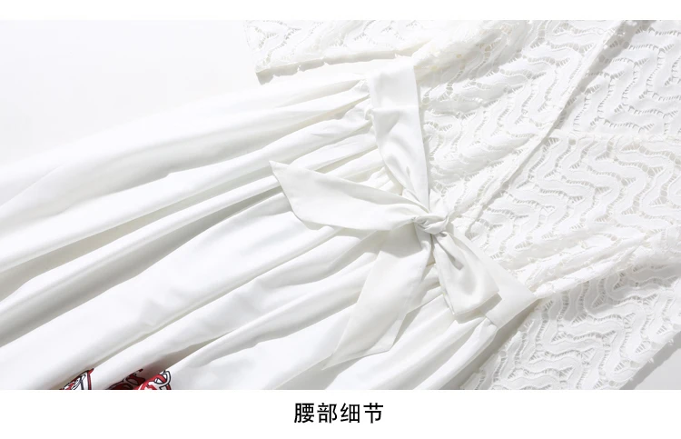 

New Autumn Fashion Lace Patchwork Runway Retro Dress Women's Print Full Sleeve White Long Maxi Party Dress
