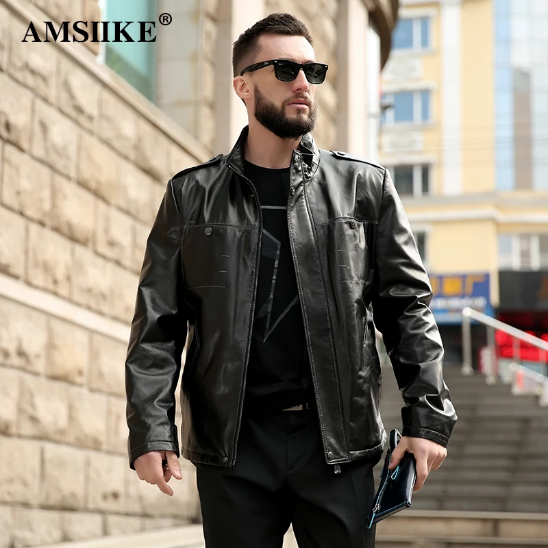 AMSIIKE 2017 Мужская Кожаная Куртка Воротник Стойка на Молнии и Клепках|chaqueta casual|chaqueta