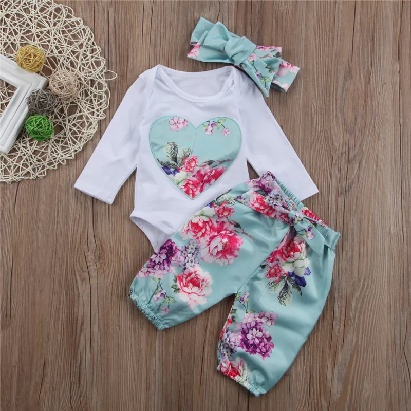 Floral Girls Summer Clothes Sets Long Sleeve Cotton Tops Romper+Floral Lace Up Pants Headband 3CPS Casual | Детская одежда и обувь