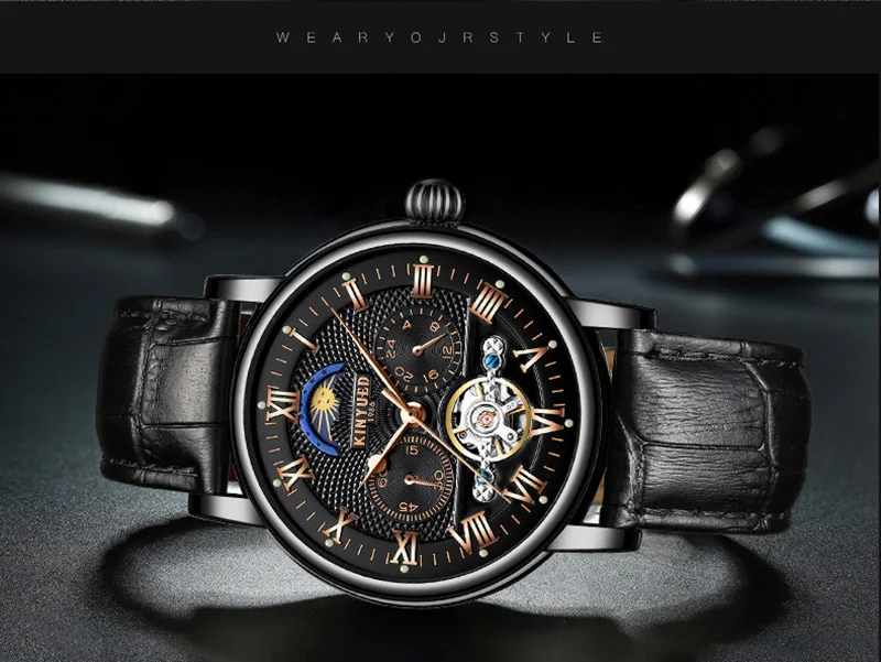 KINYUED Роскошные автоматические часы с фазой Луны для мужчин хронограф Tourbillon для мужчин s Скелет механические часы бренд Relogio Masculino