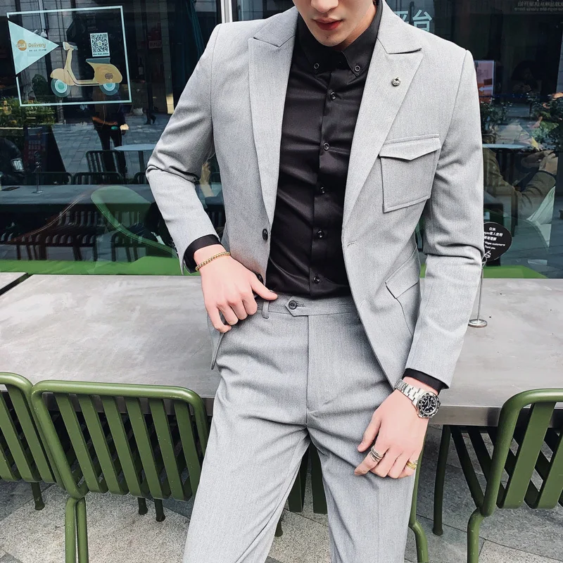 Gray 2pcs Мужские костюмы, серый, черный, мужской блейзер с брюками, новейший дизайн пальто, брюки, Vestidos Elgantes Para Hombre - Цвет: Gray 2pcs