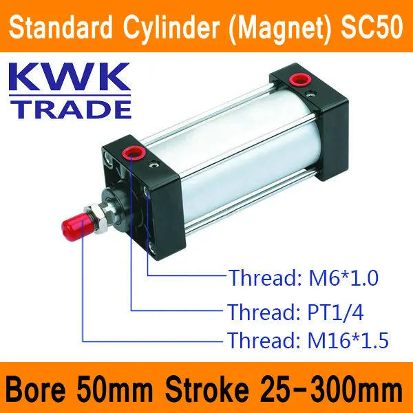 

SC50 Standard Air Cylinder Valve Magnet Bore 50mm Strock 25mm to 300mm Stroke Single Rod Double Acting Pneumatic Cylinder