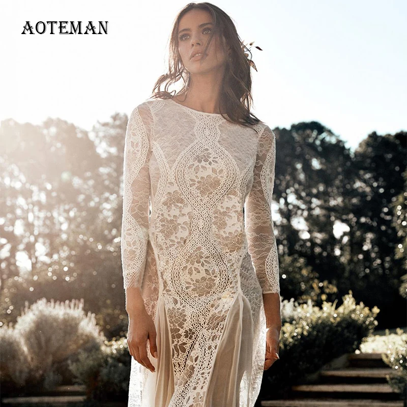 Женское кружевное платье длинное облегающее белое с открытой спинкой для осени и