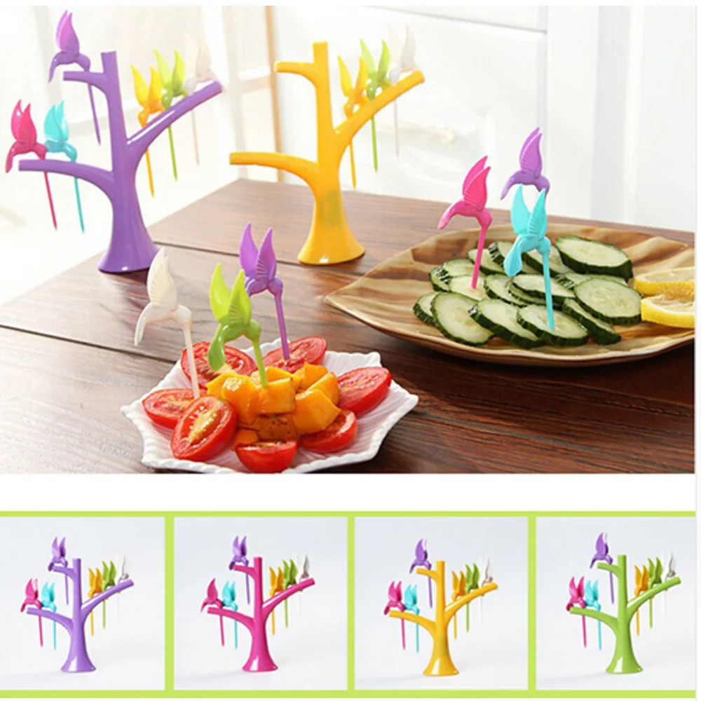 Мода 6 шт. + 1 Стенд птицы дерево Форма фрукты вилка Пластик овощей фруктов закуски