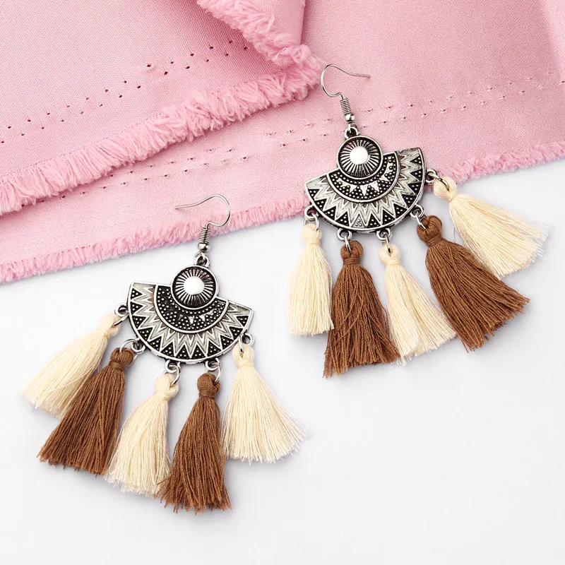 Богемные длинные висячие серьги Женские аксессуары веерообразные хлопковые с