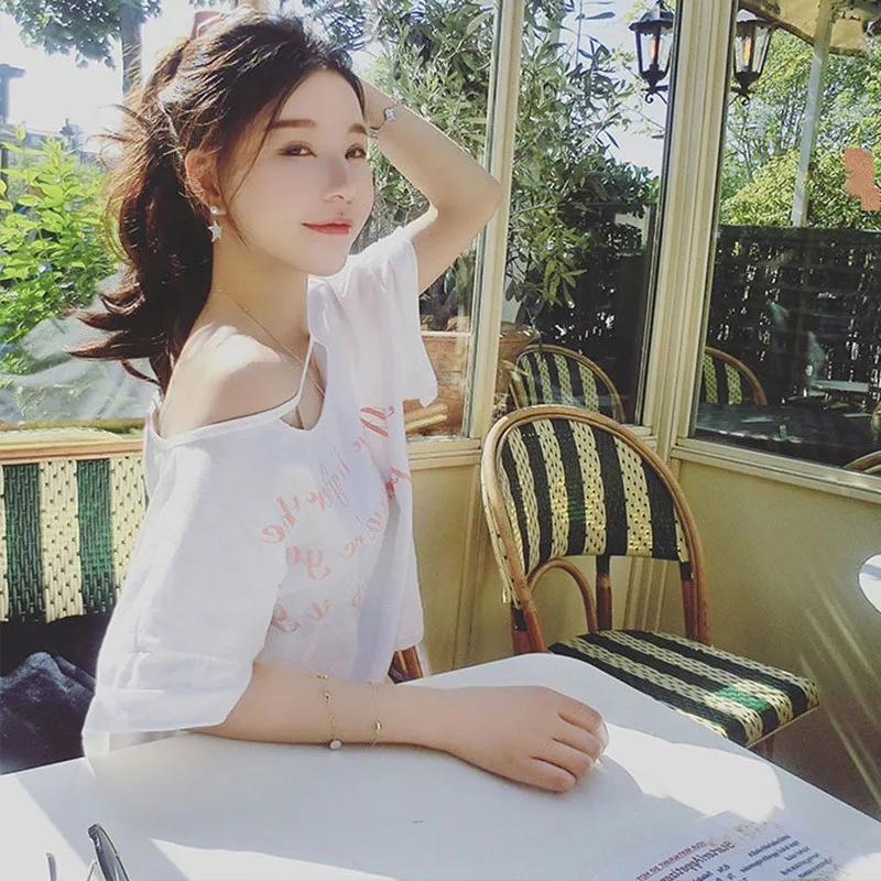 2019 New Woman One-necked Strapless Shoulder Short-Sleeved cotton hollow out Letter Print White T Shirt korean preppy style | Женская