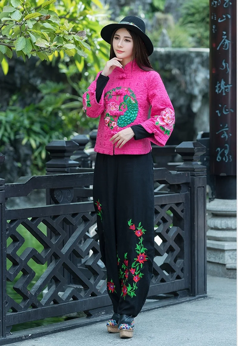 Женские китайские топы, винтажное пальто с вышивкой Hanfu, этническое пальто с воротником-стойкой, хлопковая льняная одежда в китайском стиле для женщин, FF1758