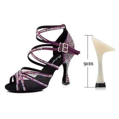Purple 9cm Ladingwu/Женская обувь для танцев; фиолетовые атласные стразы; обувь для латинских танцев; женская обувь для сальсы; Обувь для бальных танцев - Цвет: Purple 9cm