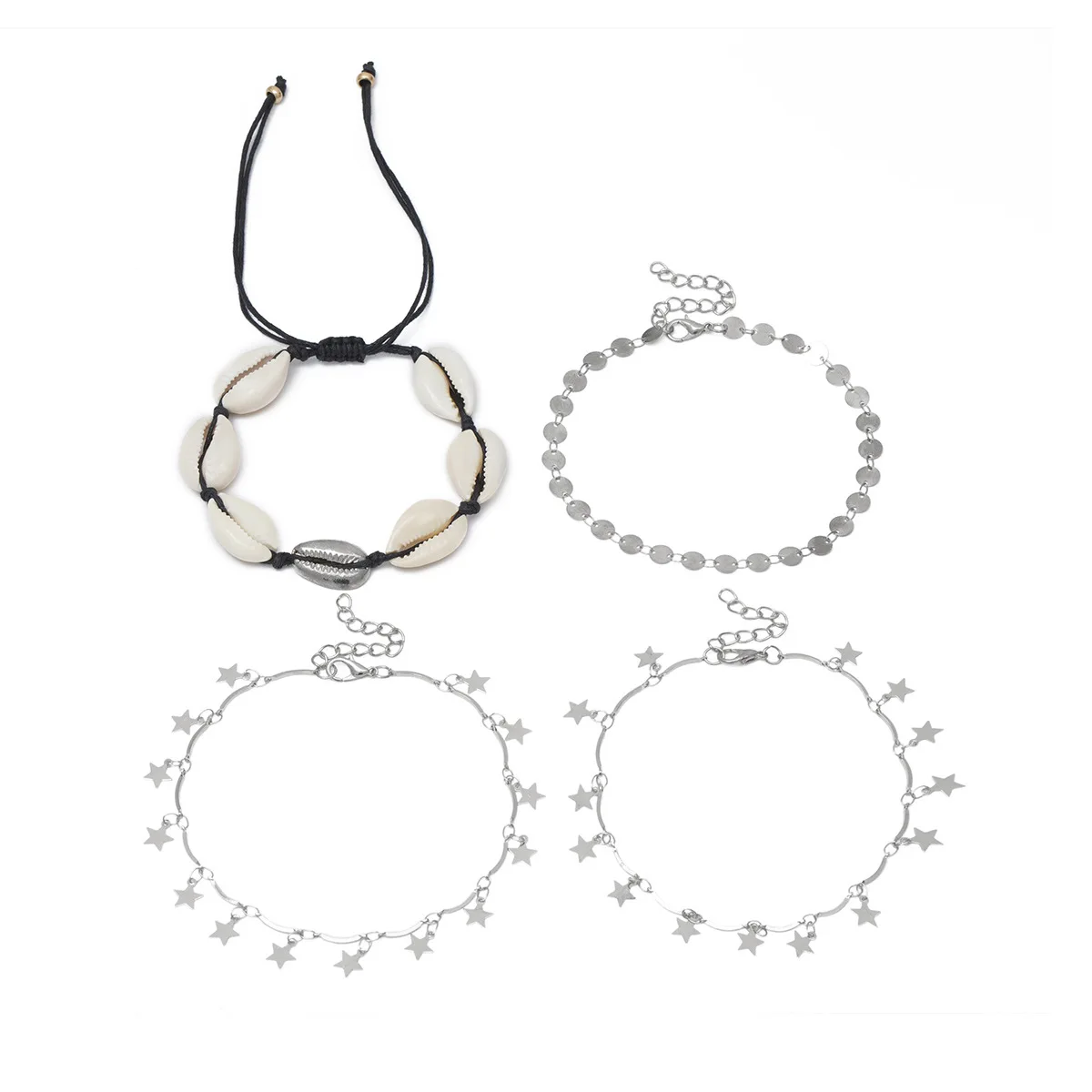 4pcs/set shell Star Vintage Antique Gold Color Anklet Women shell sequins Beads Geometric Bracelet Charm Ankle Boho Foot Jewelry - Окраска металла: 0621893S