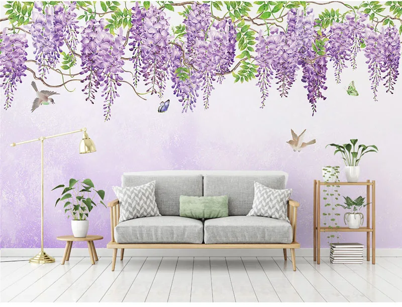 Настенные 3D-обои Bacaz с ручным Рисунком Птиц бабочек фиолетовых цветов фоновые