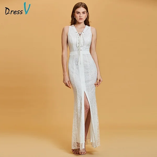 White DressV Белые Длинные вечернее платье Дешевые без рукавов с v-образным вырезом сплит-спереди аппликации Свадебная вечеринка торжественное платье Русалка вечернее платье ES - Цвет: White